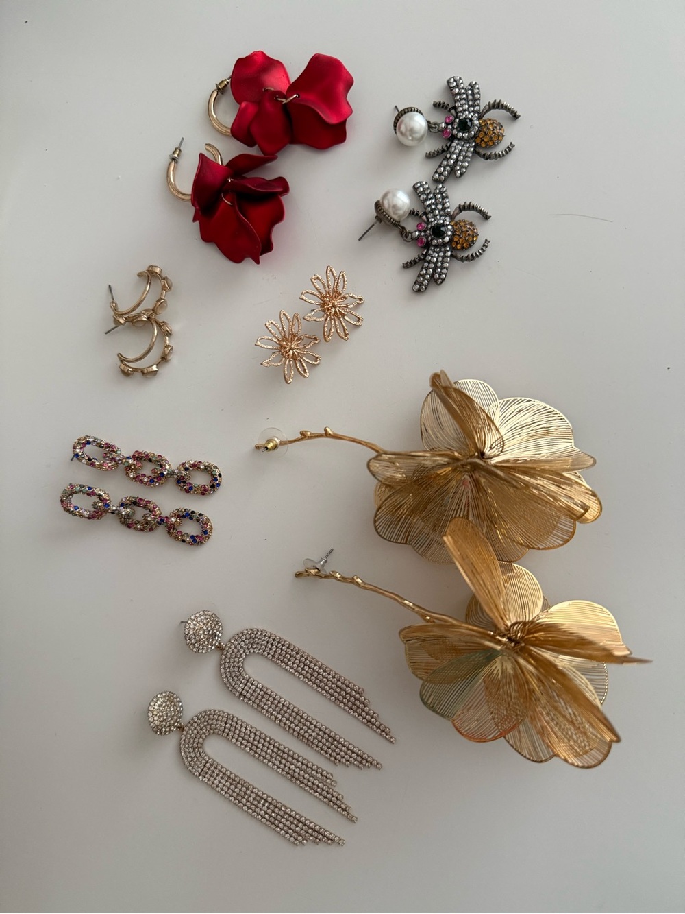 Gold Floral Statement Earrings with Red Flower Hoop Accent